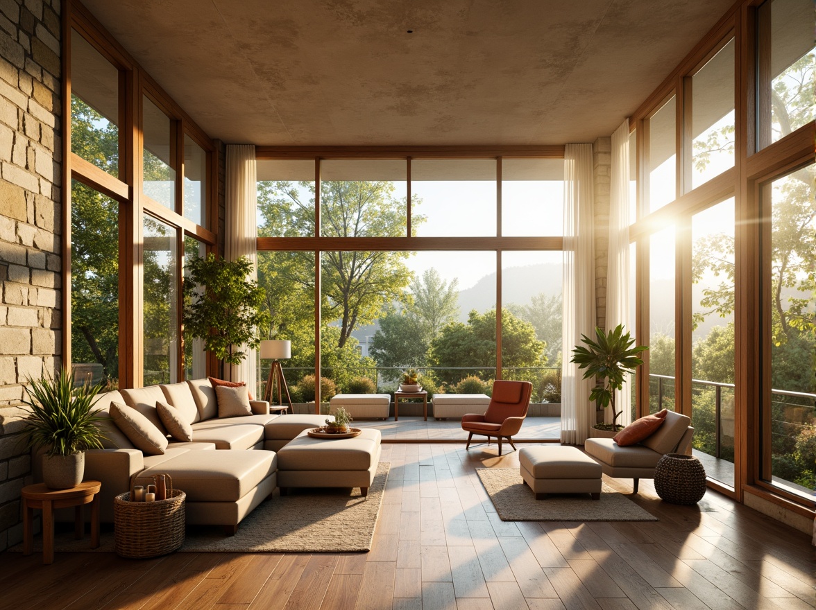 Prompt: Vibrant living room, floor-to-ceiling windows, sliding glass doors, natural stone walls, wooden flooring, plush greenery, warm beige colors, minimal ornamentation, sheer curtains, abundant daylight, soft warm lighting, low-angle morning sun, 1/1 composition, realistic textures, ambient occlusion.