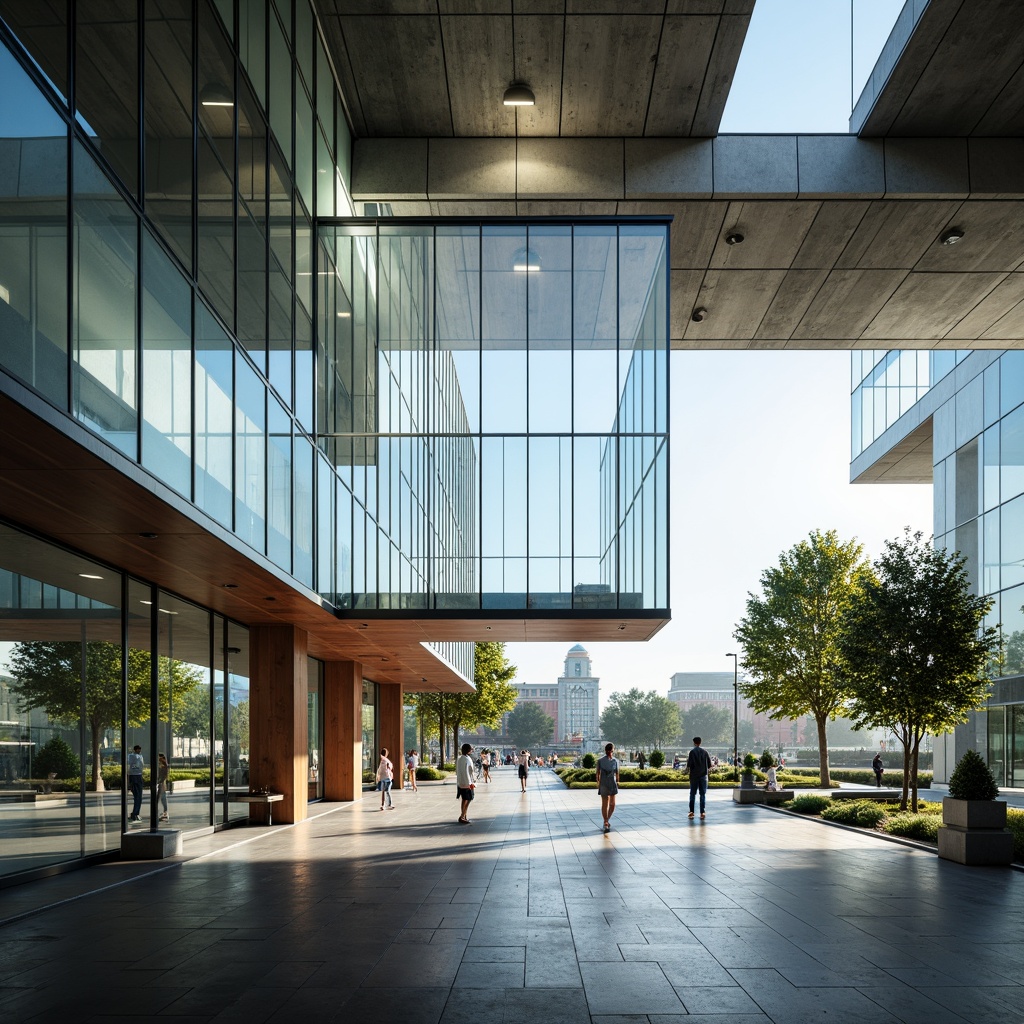 Prompt: Sleek glass facades, transparent walls, minimalist interior design, open floor plans, natural light influx, airy atmosphere, steel beams, wooden accents, urban cityscape, morning sunlight, shallow depth of field, 1/1 composition, realistic reflections, ambient occlusion.