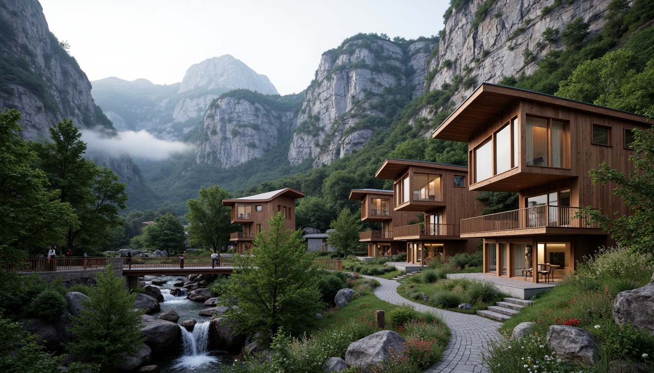 Prompt: Mountainous terrain, rugged cliffs, serene waterfalls, lush green forests, winding stone paths, rustic wooden bridges, modern mountain lodge architecture, angular rooflines, large glass windows, natural stone facades, earthy color palette, warm cozy lighting, misty atmosphere, shallow depth of field, 1/2 composition, panoramic view, realistic rock textures, ambient occlusion.