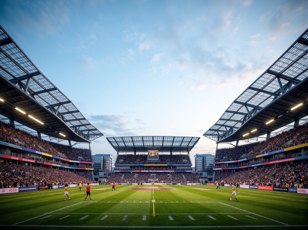 Prompt: Modern football stadium, sleek metal framework, cantilevered roofs, transparent polycarbonate panels, vast open spaces, tiered seating areas, vibrant team colors, dynamic LED lighting, lush green grass, athletic tracks, goalposts, sports equipment, crowd-filled stands, energetic atmosphere, shallow depth of field, 1/1 composition, panoramic view, realistic textures, ambient occlusion.