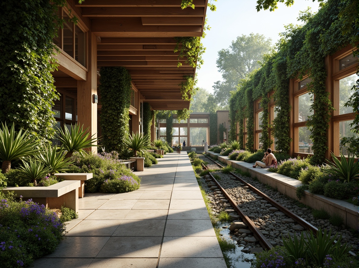 Prompt: Natural light-filled train stations, lush green walls, living roofs, botanical gardens, wooden accents, stone floors, organic shapes, curved lines, abundant vegetation, calming water features, subtle natural textures, earthy color palette, warm ambient lighting, shallow depth of field, 3/4 composition, panoramic view, realistic materials, ambient occlusion.