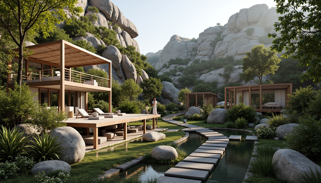 Prompt: Sculpted hillside, winding stone pathways, lush green forests, serene water features, natural rock formations, wooden decks, cantilevered roofs, large glass windows, modern minimalist architecture, steel frame structures, earthy color palette, organic shapes, blending boundaries, panoramic views, soft warm lighting, shallow depth of field, 3/4 composition, realistic textures, ambient occlusion.