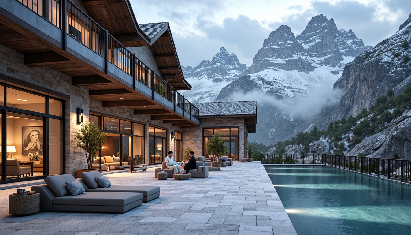 Prompt: Vibrant mountain peaks, rugged stone walls, earthy tones, warm wooden accents, frosty glass railings, icy blue water features, snowy white marble floors, rustic metal fixtures, natural linen textiles, cozy fire pit areas, dramatic LED lighting, misty atmospheric effects, 1/2 composition, shallow depth of field, realistic rocky textures, ambient occlusion.