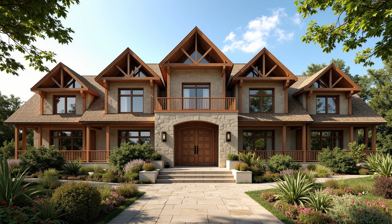 Prompt: Rustic gymnasium facade, regionalism style architecture, earthy tones, natural stone walls, wooden accents, steeply pitched roofs, dormer windows, ornate wooden doors, vintage metal lanterns, lush greenery, blooming flowers, vibrant colors, warm sunny day, soft warm lighting, shallow depth of field, 3/4 composition, panoramic view, realistic textures, ambient occlusion.