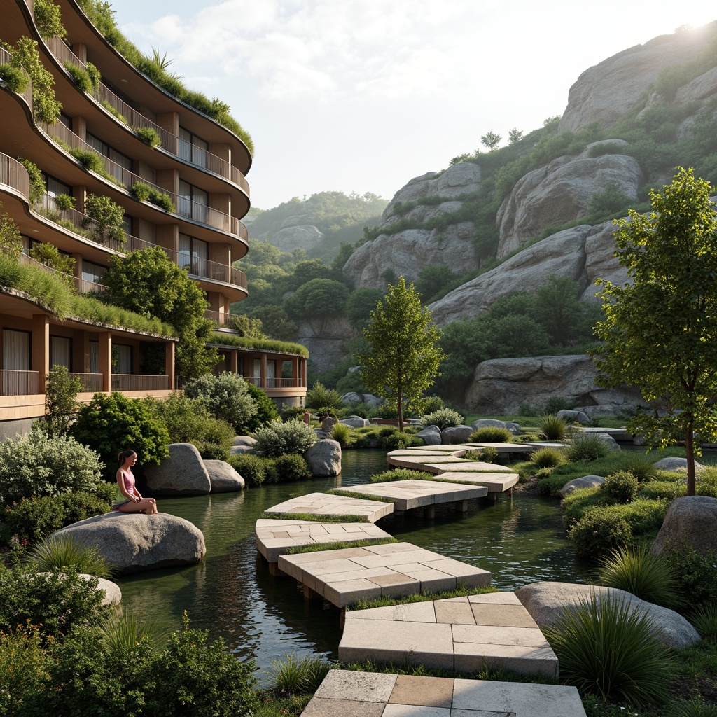 Prompt: Harmonious building integration, rolling hills, lush greenery, winding stone pathways, natural rock formations, serene water features, reflecting pools, curved lines, organic architecture, sustainable design, eco-friendly materials, living roofs, vertical gardens, seamless transitions, panoramic views, soft warm lighting, shallow depth of field, 3/4 composition, realistic textures, ambient occlusion.