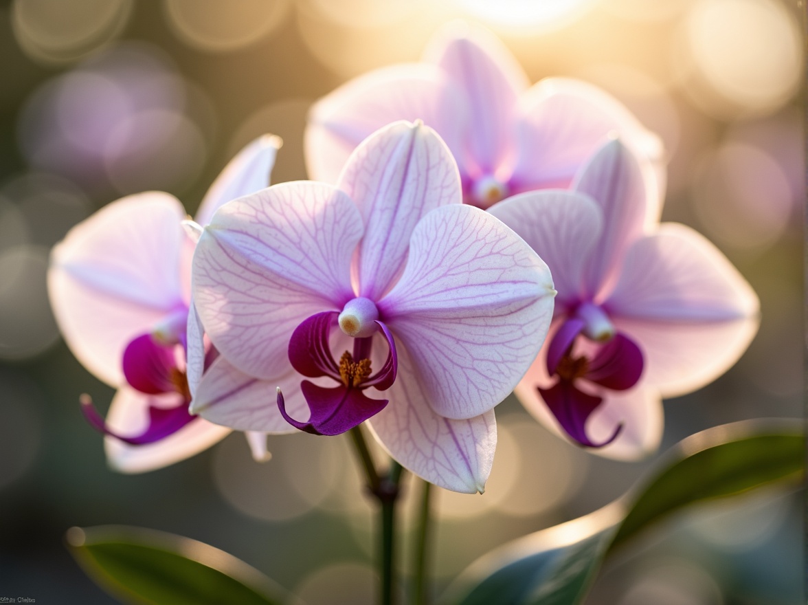 Prompt: Ethereal orchid flowers, delicate petals, soft pastel hues, lavender undertones, creamy whites, rich berry accents, velvety smooth textures, intricate botanical patterns, subtle sheen, warm golden lighting, shallow depth of field, 1/1 composition, realistic renderings, ambient occlusion.