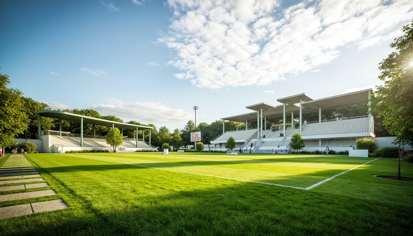 Prompt: Vibrant sports field, lush green grass, natural lighting, open sky, cloud formations, sunlight filtering through trees, modern green architecture, eco-friendly materials, sustainable design, energy-efficient systems, solar panels, wind turbines, water conservation systems, green roofs, innovative cooling technologies, shaded outdoor spaces, misting systems, angular lines, minimalist design, athletic tracks, sports equipment, grandstands, scoreboards, natural stone walkways, blooming trees, warm sunny day, soft warm lighting, shallow depth of field, 3/4 composition, panoramic view, realistic textures, ambient occlusion.