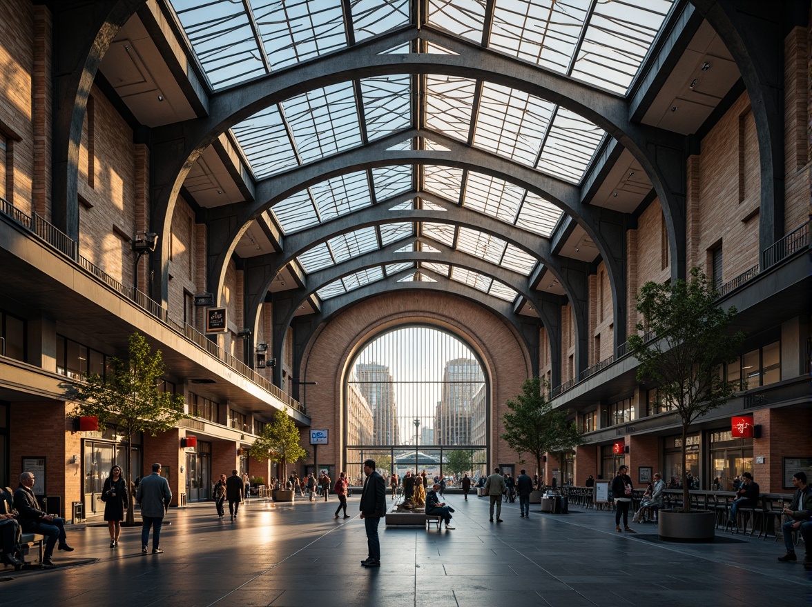 Prompt: Grand train station hall, high ceilings, natural ventilation systems, clerestory windows, skylights, transparent roofs, steel beams, industrial architecture, urban surroundings, busy city streets, morning rush hour, soft warm lighting, shallow depth of field, 1/2 composition, realistic textures, ambient occlusion, modern signage, departure boards, passenger benches, luggage carts, waiting areas, bustling atmosphere.