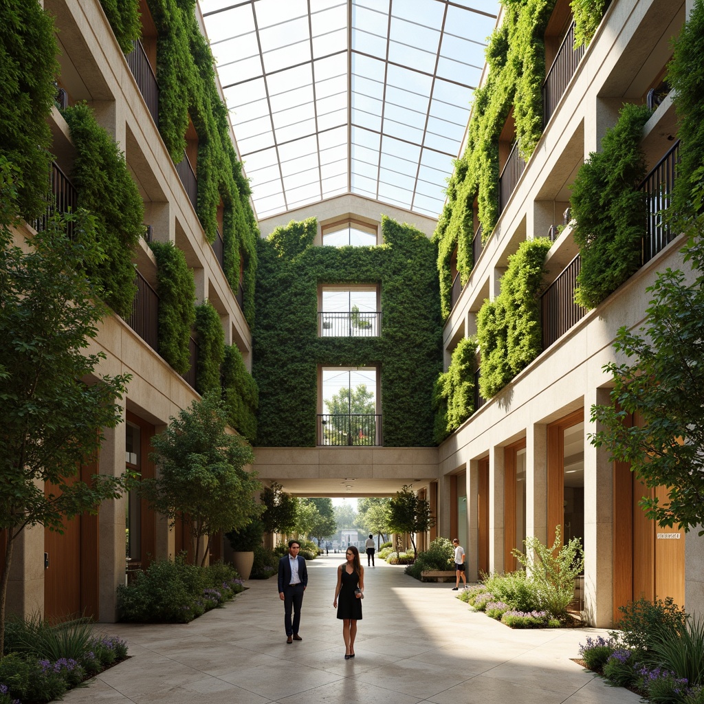 Prompt: Bright airy atrium, lush green walls, floor-to-ceiling windows, skylights, clerestory windows, natural stone flooring, wooden accents, minimal ornamentation, open floor plans, reflective surfaces, warm beige tones, soft diffused lighting, 1/1 composition, shallow depth of field, realistic textures, ambient occlusion.