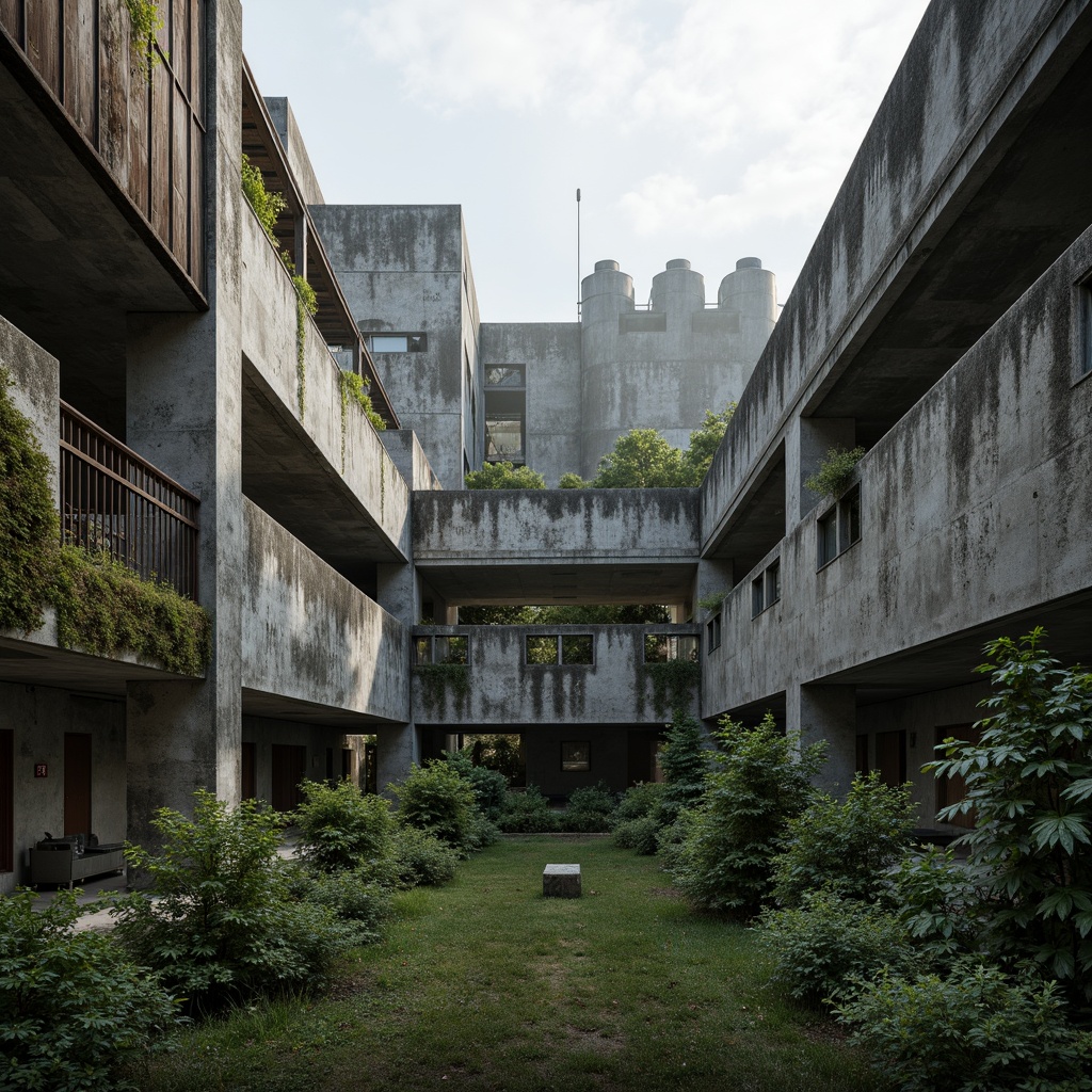 Prompt: Rugged brutalist buildings, raw concrete textures, fortress-like structures, overgrown vegetation, wildflowers, moss-covered walls, industrial landscapes, abandoned factories, rusty metal accents, weathered wood, dramatic shadows, low-key lighting, cinematic atmosphere, 1-point perspective, high contrast ratio, muted color palette, urban decay, neglected spaces, reclaimed nature, eerie ambiance, mysterious mood, avant-garde composition.