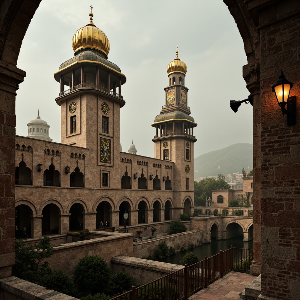 Prompt: \Majestic Byzantine watching towers, ornate stone carvings, golden domes, intricate mosaics, grand arches, sturdy fortifications, medieval architecture, rustic brick textures, weathered copper accents, mystical lanterns, dramatic lighting effects, atmospheric fog, 1/2 composition, low-angle shot, cinematic depth of field, warm sunset colors, soft chiaroscuro.\