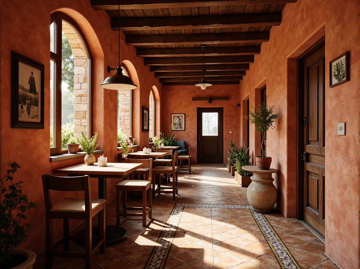 Prompt: Warm earthy tones, Sienna red-brown hues, rustic terracotta accents, natural stone walls, vintage Italian architecture, ornate ceramic tiles, distressed wood textures, cozy intimate spaces, soft warm lighting, shallow depth of field, 1/2 composition, realistic renderings, ambient occlusion.