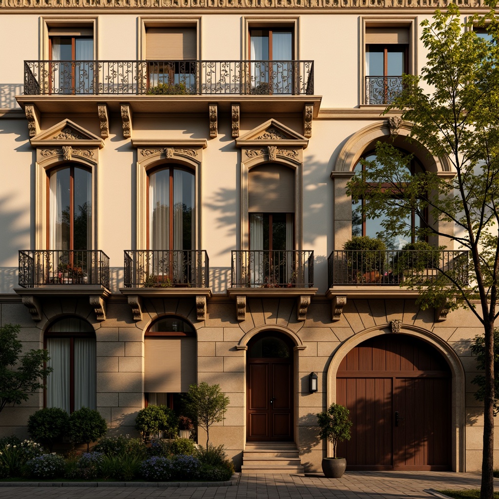 Prompt: Ornate arched windows, intricately carved stonework, grandiose balconies, richly decorated facades, ornamental cornices, lavish moldings, symmetrical compositions, classical proportions, warm golden lighting, soft focus, shallow depth of field, 2/3 composition, realistic textures, ambient occlusion.