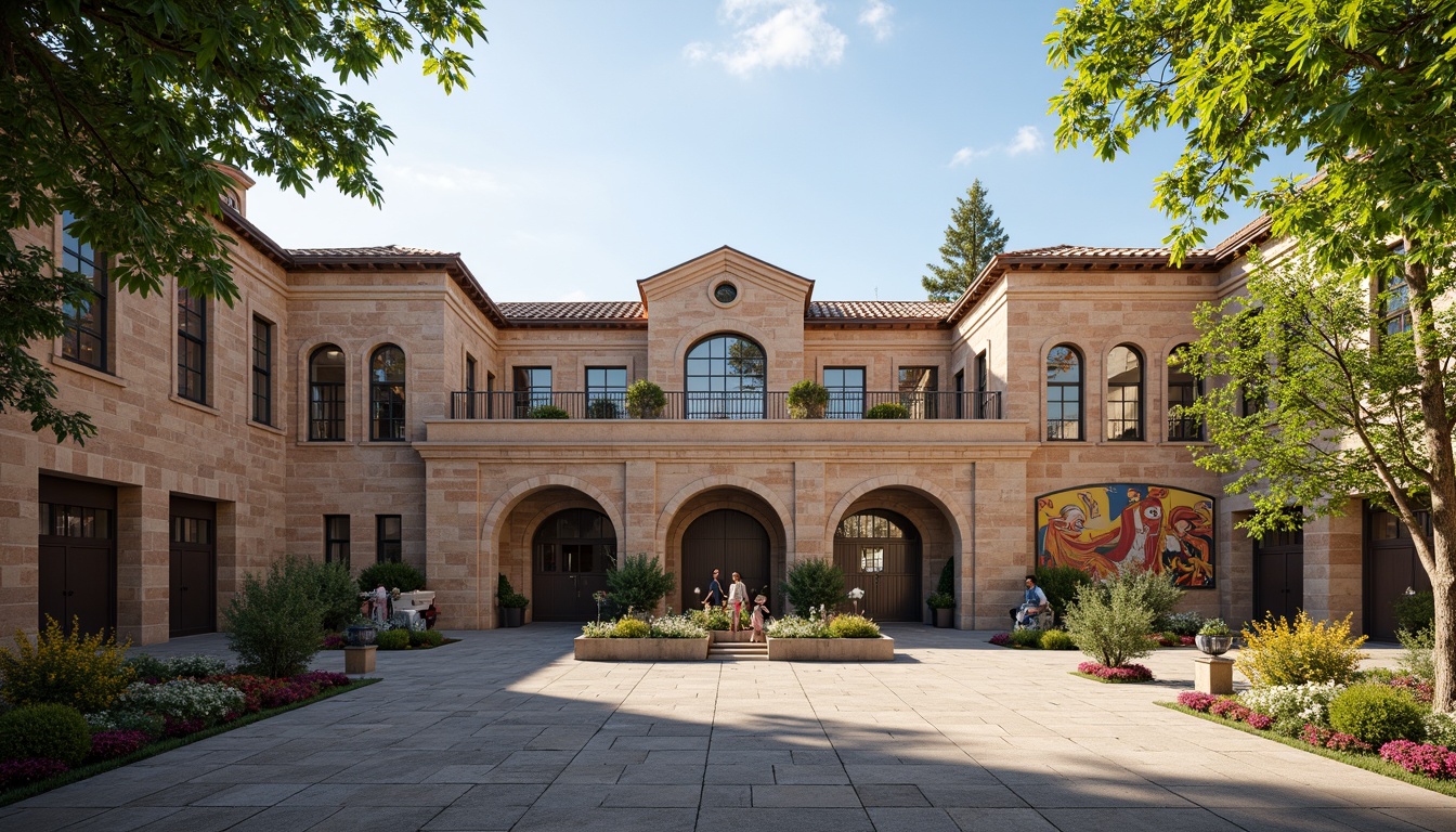 Prompt: Regionalist gymnasium, rustic stone facades, earthy color palette, ornate brickwork, arched windows, traditional roof tiles, grand entrance gates, sporty accents, vibrant murals, cultural heritage symbols, lush greenery, blooming flowers, natural light, warm atmosphere, shallow depth of field, 3/4 composition, realistic textures, ambient occlusion.