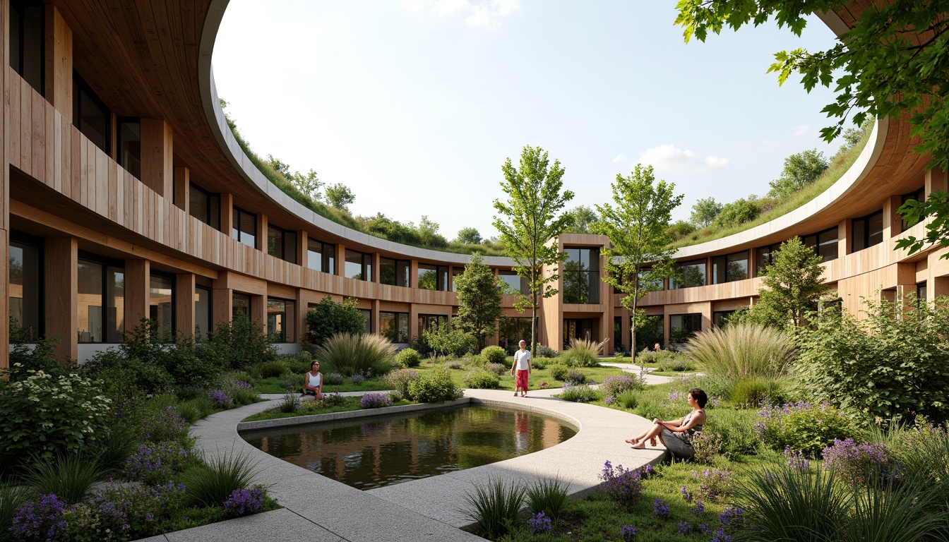 Prompt: Organic hospital building, curved green roof, lush vegetation, natural stone walls, reclaimed wood accents, floor-to-ceiling windows, abundant daylight, soft warm lighting, calming water features, serene interior courtyard, meandering walking paths, healing garden, fragrance of herbs, gentle breeze, peaceful ambiance, minimalist decor, earthy color palette, natural textures, 1/1 composition, shallow depth of field, realistic renderings, ambient occlusion.