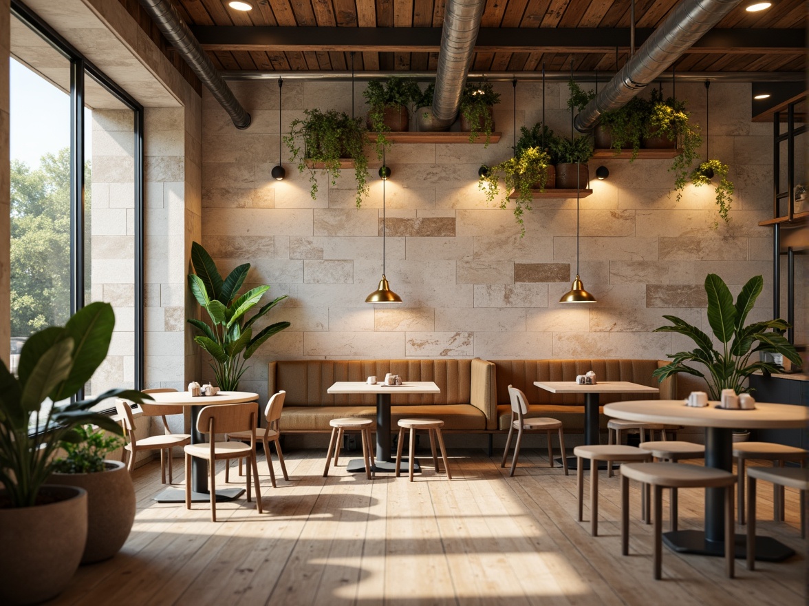 Prompt: Modern coffee shop interior, limestone walls, minimalist decor, warm beige tones, natural stone textures, industrial chic lighting, reclaimed wood accents, metallic fixtures, cozy seating areas, wooden tables, comfortable couches, greenery installations, soft warm lighting, shallow depth of field, 1/1 composition, realistic textures, ambient occlusion.