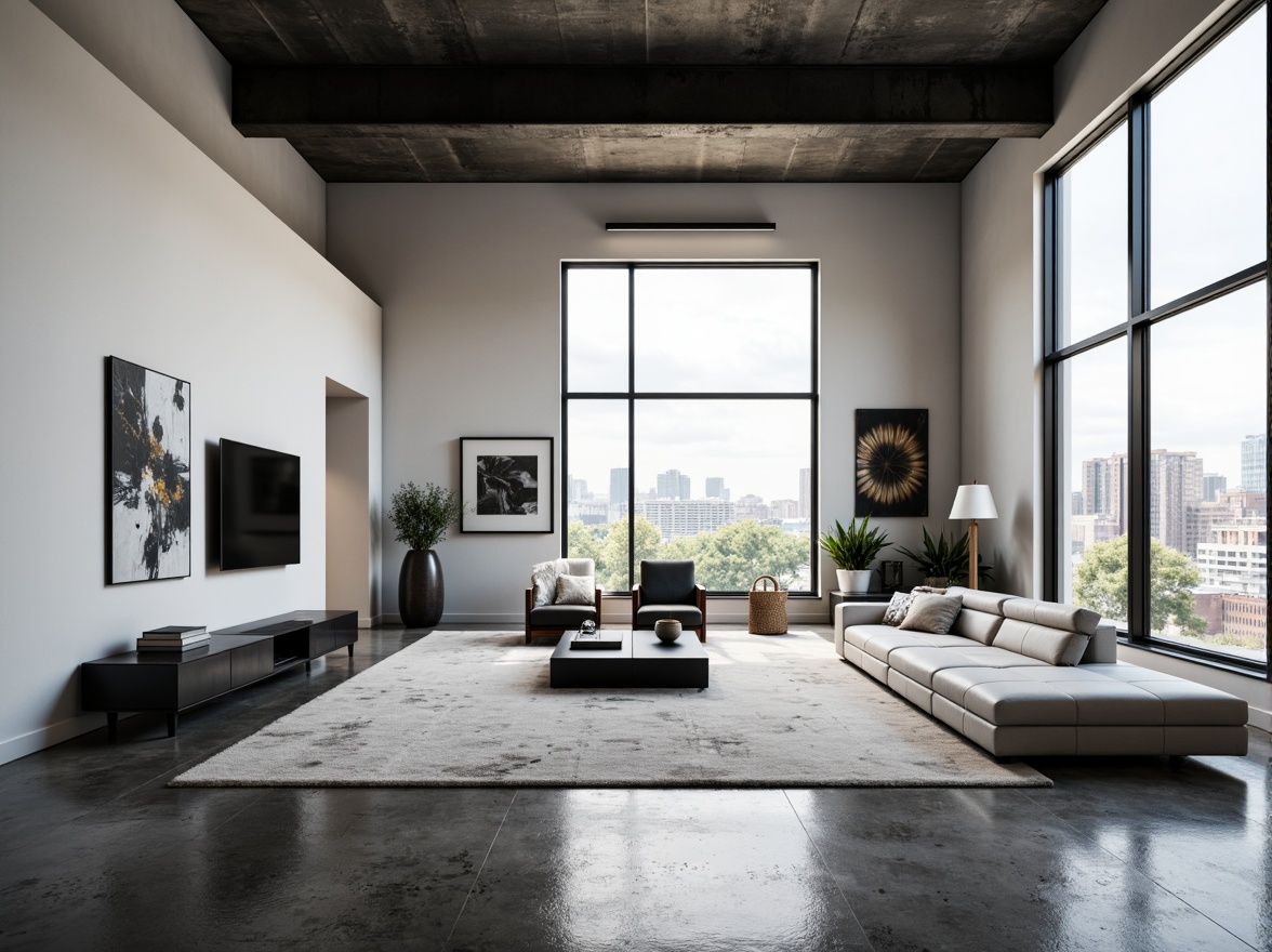 Prompt: Minimalist living room, monochromatic color scheme, sleek low-profile furniture, polished concrete floors, industrial metal beams, floor-to-ceiling windows, abundant natural light, urban city views, modern abstract artwork, geometric patterns, functional storage solutions, hidden LED lighting, cozy reading nook, plush area rug, ergonomic chairs, sophisticated textures, 1/1 composition, softbox lighting, realistic reflections.