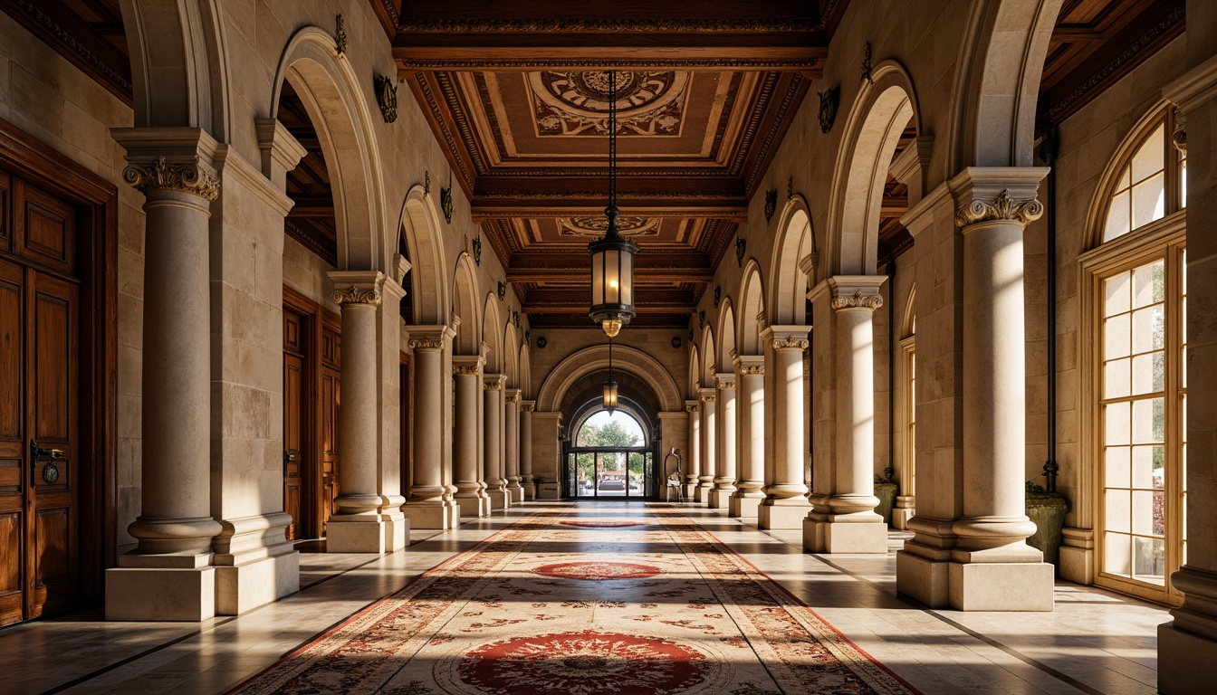 Prompt: Grandiose columns, ornate carvings, polished marble floors, intricately patterned rugs, velvet drapes, gilded accents, ornamental moldings, symmetrical facades, rusticated bases, Corinthian capitals, limestone walls, granite arches, richly toned wood paneling, subtle stucco textures, warm golden lighting, soft focus, 1/2 composition, dramatic shadows, realistic reflections, ambient occlusion.