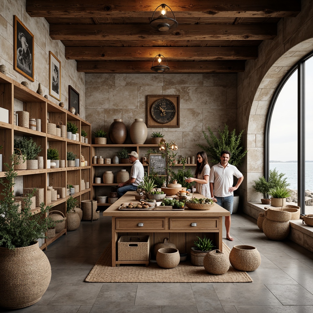 Prompt: Rustic coastal grocery store, reclaimed wood shelves, driftwood accents, sea-weathered stone walls, woven rattan baskets, natural fiber textiles, earthy color palette, ocean-inspired decorative elements, vintage nautical artifacts, distressed metal signage, soft warm lighting, shallow depth of field, 1/1 composition, realistic textures, ambient occlusion.