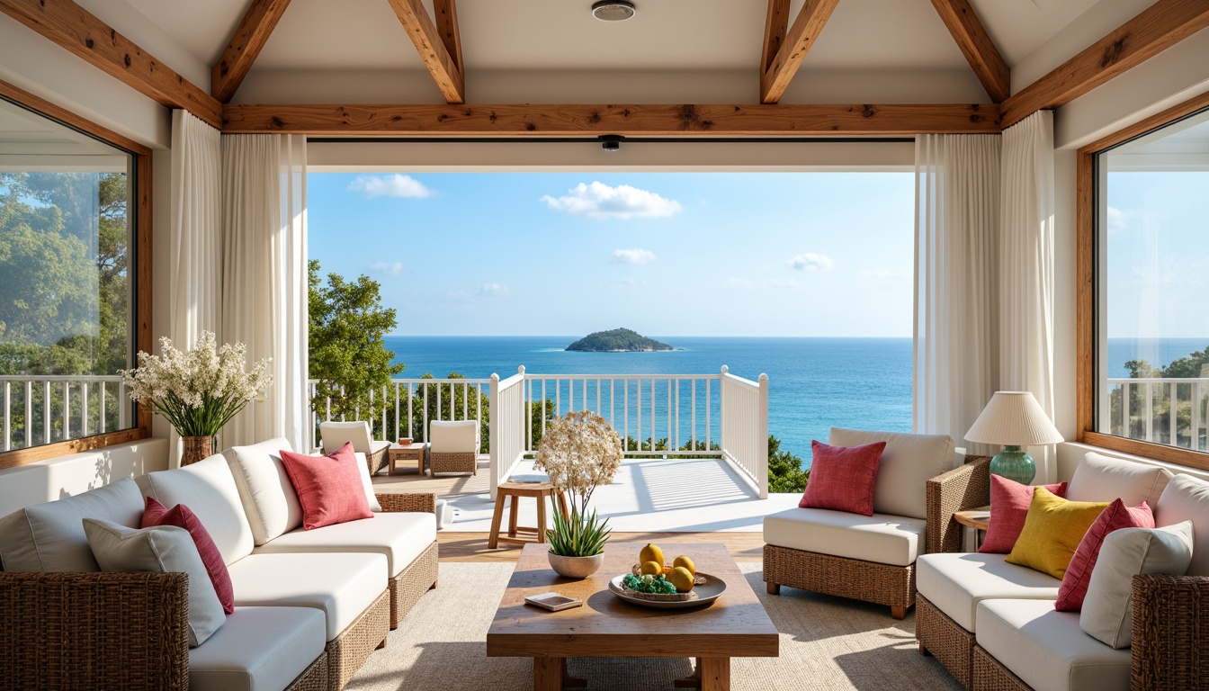 Prompt: Vibrant coastal cottage, ocean-inspired color scheme, soothing blues, calming whites, warm sandy neutrals, pops of coral pink, sunny yellow accents, natural textures, woven wicker furniture, driftwood decorations, sea glass vases, ocean breeze, soft morning light, shallow depth of field, 1/1 composition, panoramic view, realistic water effects, ambient occlusion.