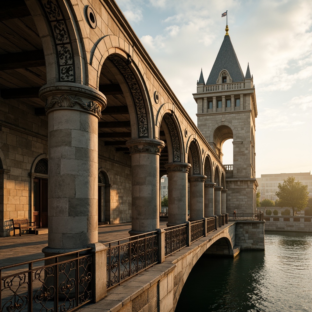 Prompt: Ancient stone arches, ornate iron railings, intricate Byzantine patterns, rustic stonework, grandiose bridge towers, majestic water reflections, misty morning atmosphere, warm golden lighting, shallow depth of field, 1/2 composition, realistic textures, ambient occlusion, Romanesque influences, decorative pilasters, ornamental capitals, richly ornamented parapets, imposing piers, sturdy abutments.