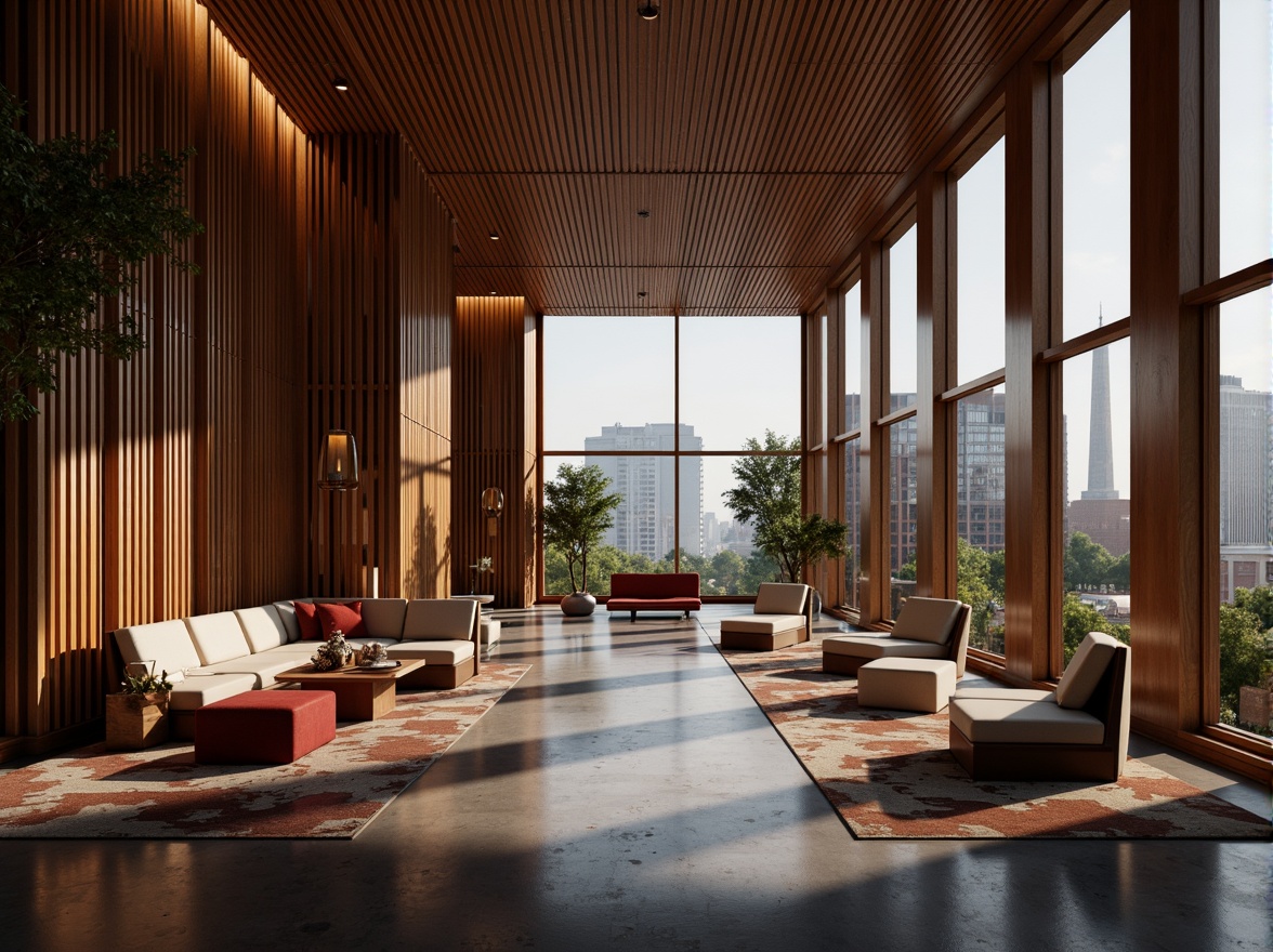 Prompt: Luxurious interior space, sophisticated furniture design, rich wood textures, metallic accents, sleek lines, high-gloss finishes, durable materials, sustainable resources, eco-friendly fabrics, vibrant color palette, ambient lighting, soft shadows, 1/1 composition, realistic reflections, intricate patterns, modern aesthetic, futuristic vibe, advanced material technology, intelligent systems integration.