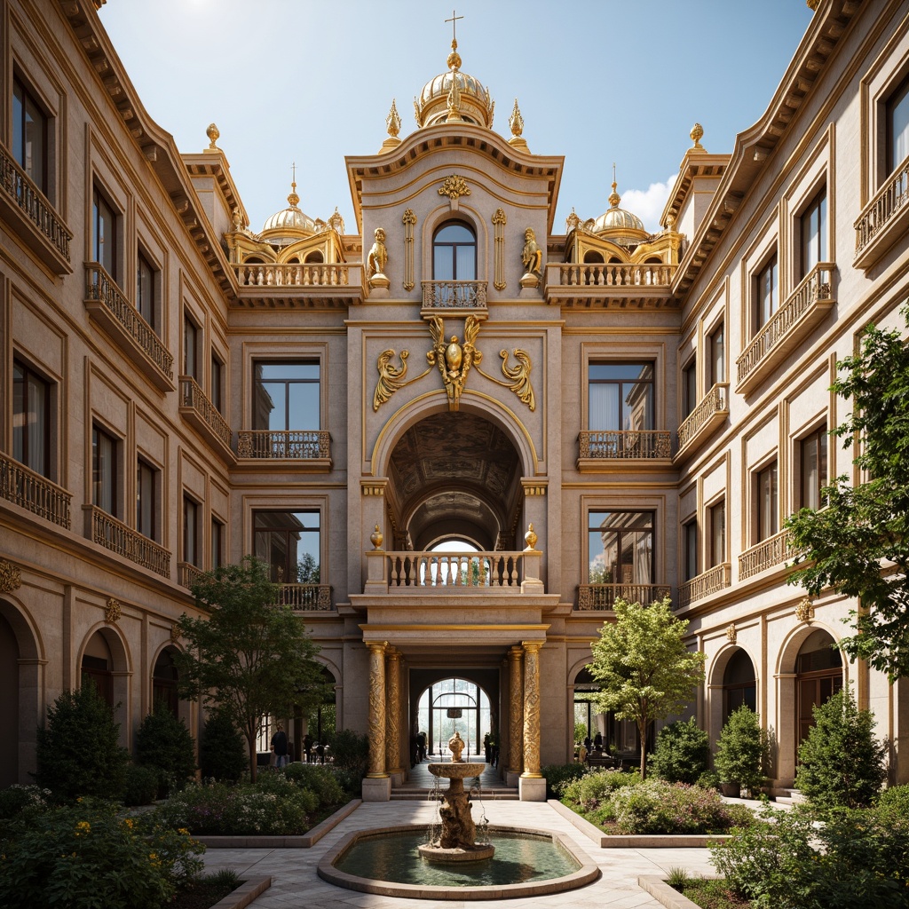 Prompt: Grandiose Baroque palace, symmetrical facade, ornate decorations, golden accents, intricate carvings, curved lines, domed roofs, grand staircases, marble floors, fresco ceilings, dramatic lighting, warm color palette, Renaissance-inspired details, classical proportions, axial symmetry, bilateral symmetry, radial symmetry, ornate fountains, lush gardens, serene courtyard, soft natural light, shallow depth of field, 1/2 composition, realistic textures, ambient occlusion.