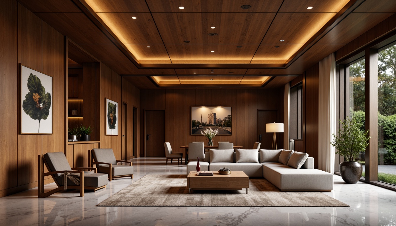 Prompt: Luxurious interior design, rich wood textures, polished marble floors, plush velvet fabrics, metallic accents, sleek glass surfaces, modern minimalist decor, ambient warm lighting, shallow depth of field, 1/1 composition, realistic reflections, detailed normal maps.