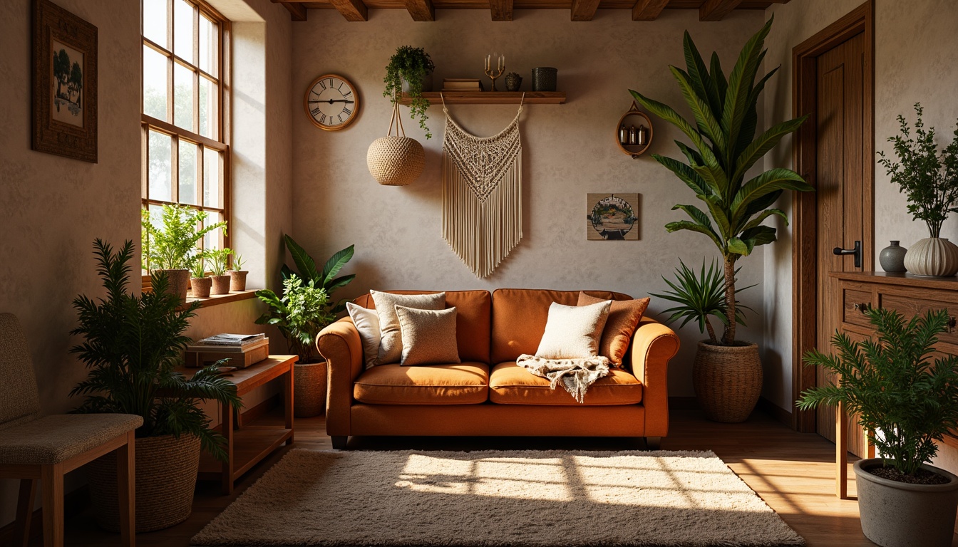 Prompt: Cozy social housing, warm earthy tones, soft velvet fabrics, distressed wood accents, vintage furniture, lush greenery, natural textiles, woven baskets, macrame wall hangings, plush area rugs, warm golden lighting, 1/1 composition, intimate close-ups, realistic fabric simulations, ambient occlusion.