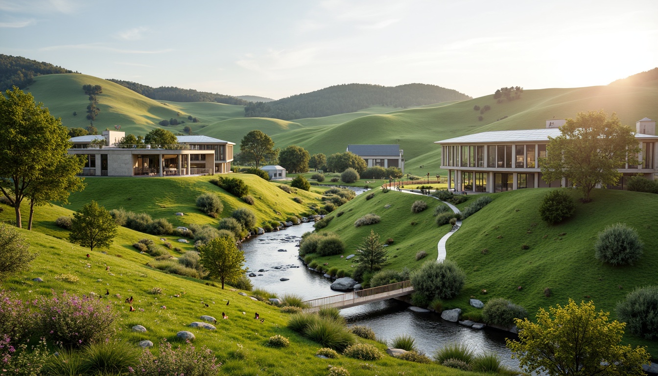 Prompt: Rolling hills, serene meadows, winding streams, natural stone walls, wooden bridges, scenic overlooks, modern architecture, glass buildings, green roofs, solar panels, eco-friendly materials, organic gardens, wildflowers, vibrant butterflies, soft warm lighting, shallow depth of field, 3/4 composition, panoramic view, realistic textures, ambient occlusion.