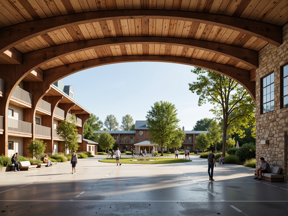 Prompt: Rustic gymnasium, reclaimed wood accents, earthy color palette, natural stone walls, curved lines, green roofs, solar panels, wind turbines, rainwater harvesting systems, eco-friendly materials, large windows, clerestory lighting, soft warm ambiance, 1/1 composition, shallow depth of field, panoramic view, realistic textures, ambient occlusion, lush vegetation, mature trees, sunny day, blue sky, outdoor recreational spaces, athletic tracks, sports equipment, community gathering areas.