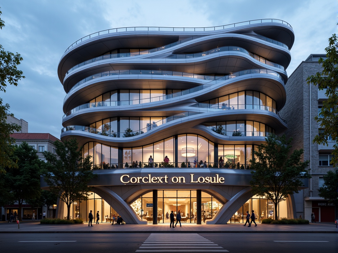 Prompt: Streamlined concert house facade, modernist architecture, curved lines, rounded shapes, metallic materials, silver accents, glass balconies, minimalist ornaments, bold typography, geometric patterns, urban cityscape, evening ambient lighting, soft warm glow, shallow depth of field, 2/3 composition, symmetrical framing, high-contrast colors, reflective surfaces, dynamic textures, atmospheric mist.