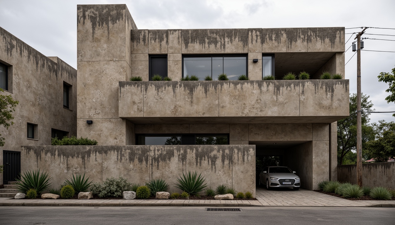 Prompt: Weathered plastered concrete fa\u00e7ade, rustic textures, earthy tones, rough-hewn stones, industrial chic aesthetic, modern brutalist architecture, poured-in-place concrete walls, distressed finishes, urban landscape, overcast skies, moody lighting, high-contrast composition, dramatic shadows, architectural photography, gritty realism, abstract expressionism.