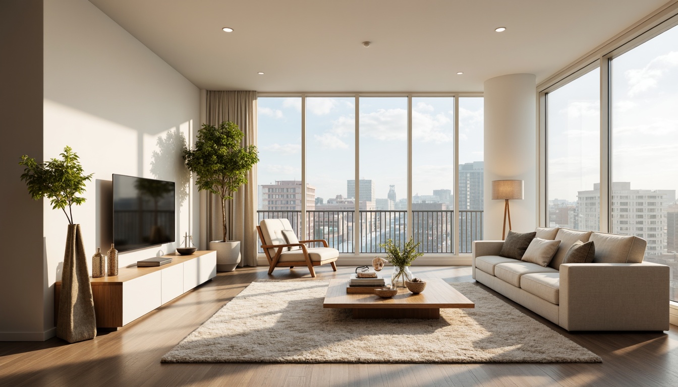 Prompt: Modern minimalist living room, sleek low-profile furniture, functional storage units, elegant floor lamps, plush area rugs, creamy white walls, large windows, natural light pouring in, urban cityscape views, 1/2 composition, shallow depth of field, warm softbox lighting, realistic wood textures, ambient occlusion.