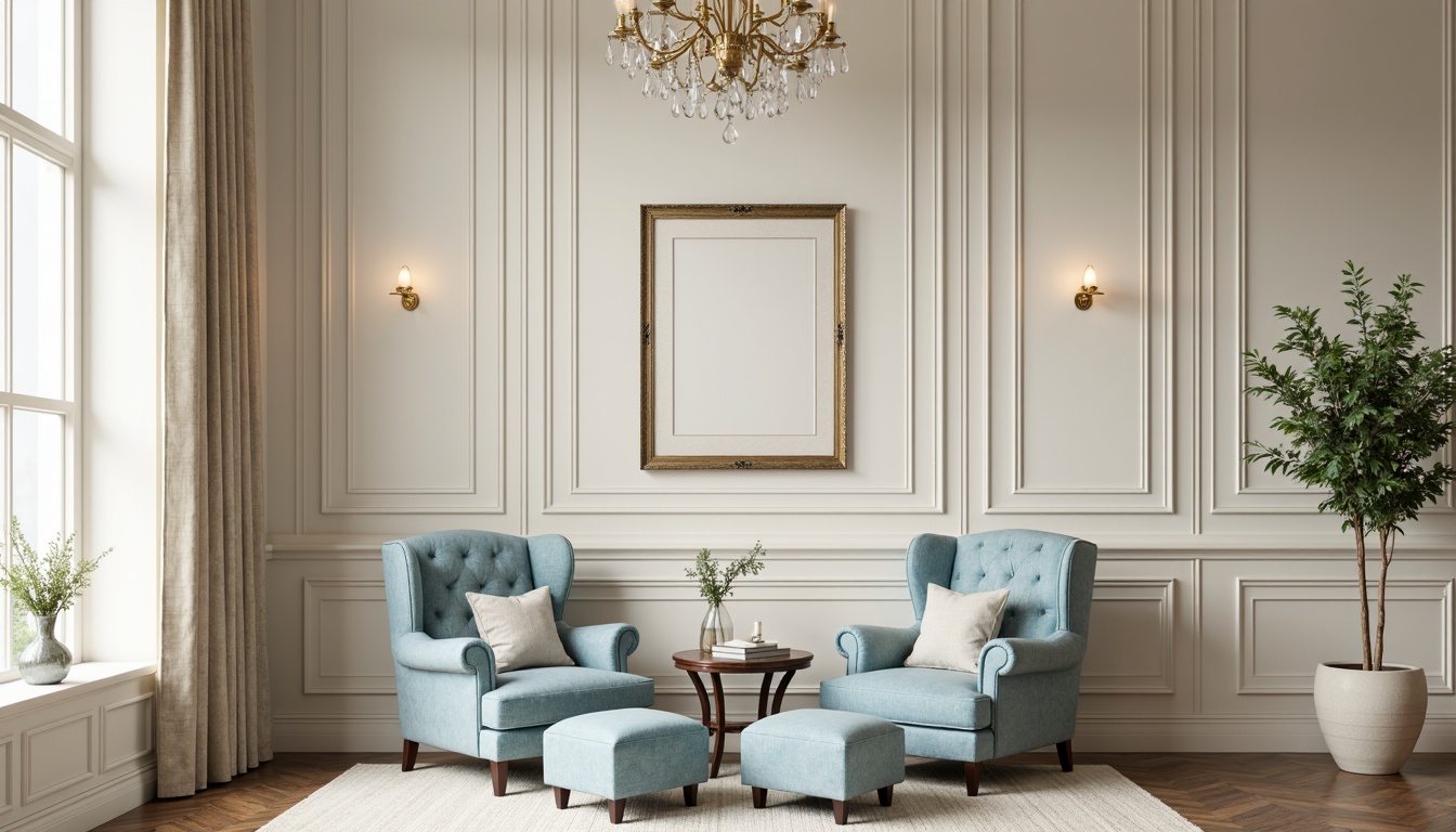 Prompt: Soft powder blue hues, creamy whites, warm beige tones, gentle pastel shades, calming atmosphere, serene ambiance, cozy reading nook, plush velvet armchairs, tufted ottomans, ornate golden frames, delicate crystal chandeliers, subtle linen textures, natural wood accents, elegant drapery, floor-to-ceiling windows, abundant natural light, warm softbox lighting, 1/1 composition, intimate close-up shots, realistic fabric simulations.