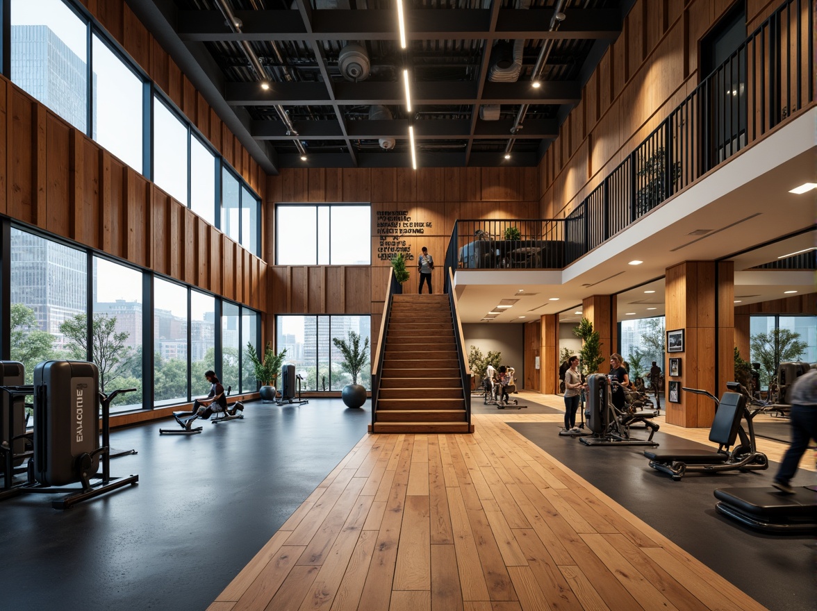 Prompt: Contemporary fitness club, high ceilings, large windows, natural lighting, warm wood accents, sleek metal equipment, mirrored walls, motivational quotes, athletic flooring, staircases, open spaces, urban cityscape views, soft diffused light, warm color tones, shallow depth of field, 1/1 composition, realistic textures, ambient occlusion.