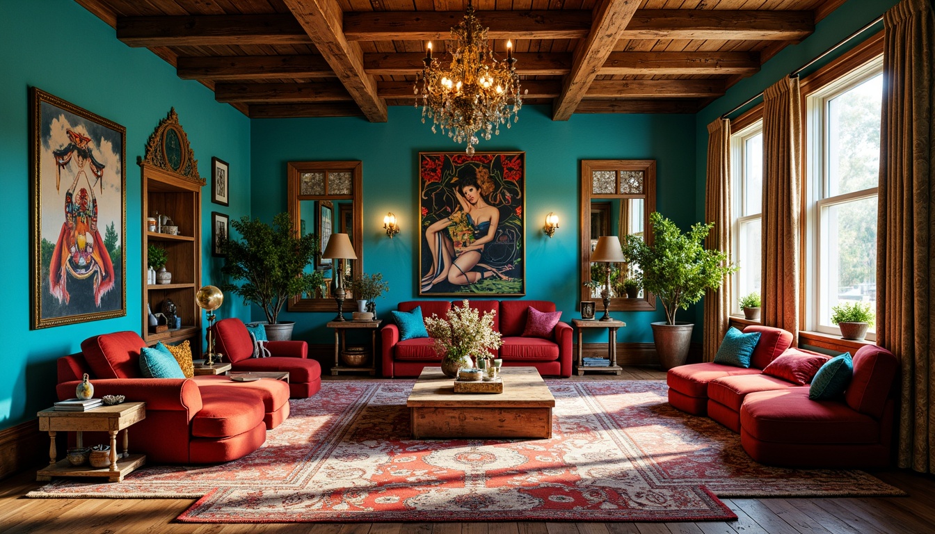 Prompt: Vibrant eclectic interior, rich jewel tones, bold turquoise walls, warm golden accents, distressed wooden furniture, plush velvet upholstery, ornate metal fixtures, lavish chandeliers, intricate patterns, vintage accessories, global-inspired textiles, bohemian flair, cozy reading nooks, dramatic lighting, layered window treatments, eclectic art collections, colorful rugs, playful mix of scales, whimsical decorative elements.