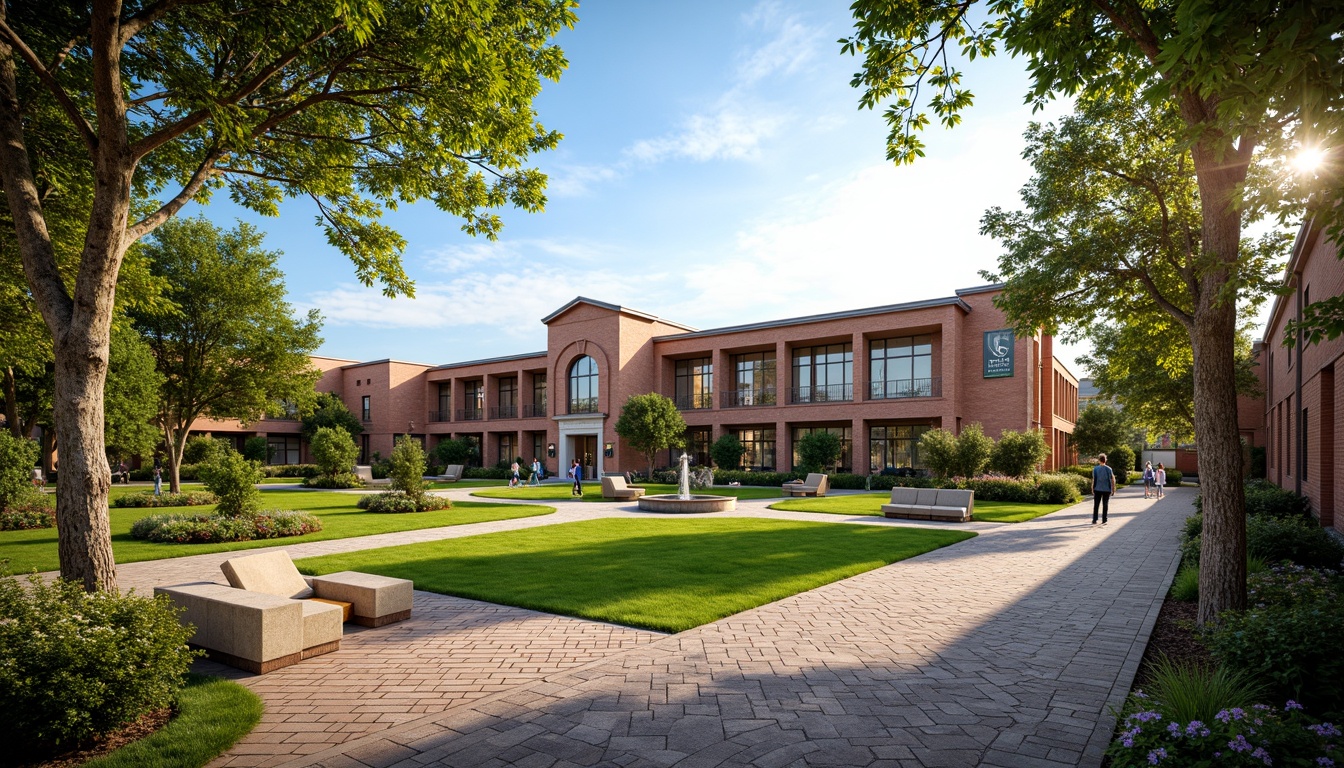 Prompt: Majestic Byzantine-style middle school building, lush green lawns, vibrant flower beds, ornate stone fountains, curved walkways, rustic benches, educational signage, mature trees with twisted branches, warm sunny day, soft natural lighting, shallow depth of field, 3/4 composition, panoramic view, realistic textures, ambient occlusion, intricately patterned paving stones, ornate metal lanterns, vibrant blooming flowers, subtle topiary designs.