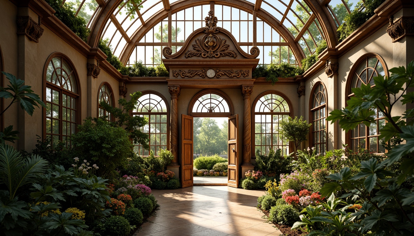 Prompt: Ornate Baroque greenhouse, grandiose entrance, intricately carved wooden doors, ornamental metalwork, curved lines, lavish decorations, vibrant greenery, exotic plants, tropical flowers, natural stone walls, rustic brick fa\u00e7ade, stained glass windows, arched doorways, symmetrical composition, warm golden lighting, soft focus, 1/2 composition, realistic textures, ambient occlusion.