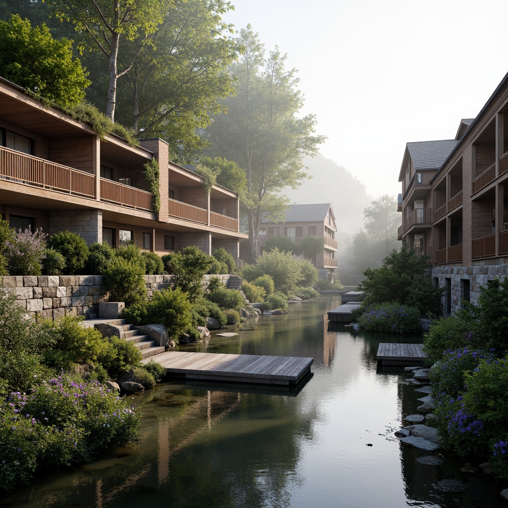 Prompt: Riverbank buildings, natural stone foundations, wooden accents, earthy tones, moss-covered walls, rustic metal railings, weathered wood docks, serene water reflections, lush greenery, vibrant flowers, soft morning light, gentle mist, shallow depth of field, 1/1 composition, panoramic view, realistic textures, ambient occlusion.