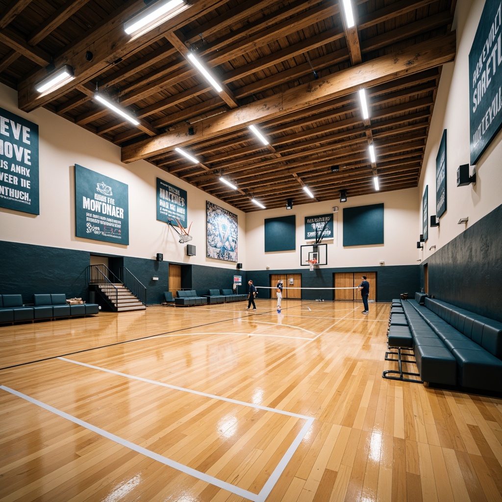 Prompt: Modern gymnasium interior, high ceiling, polished wooden floors, athletic equipment, basketball hoops, volleyball nets, bleacher seating, motivational quotes, inspirational posters, natural daylight, soft warm lighting, LED strip lights, suspended linear fixtures, indirect ambient illumination, 3/4 composition, shallow depth of field, realistic textures, ambient occlusion.