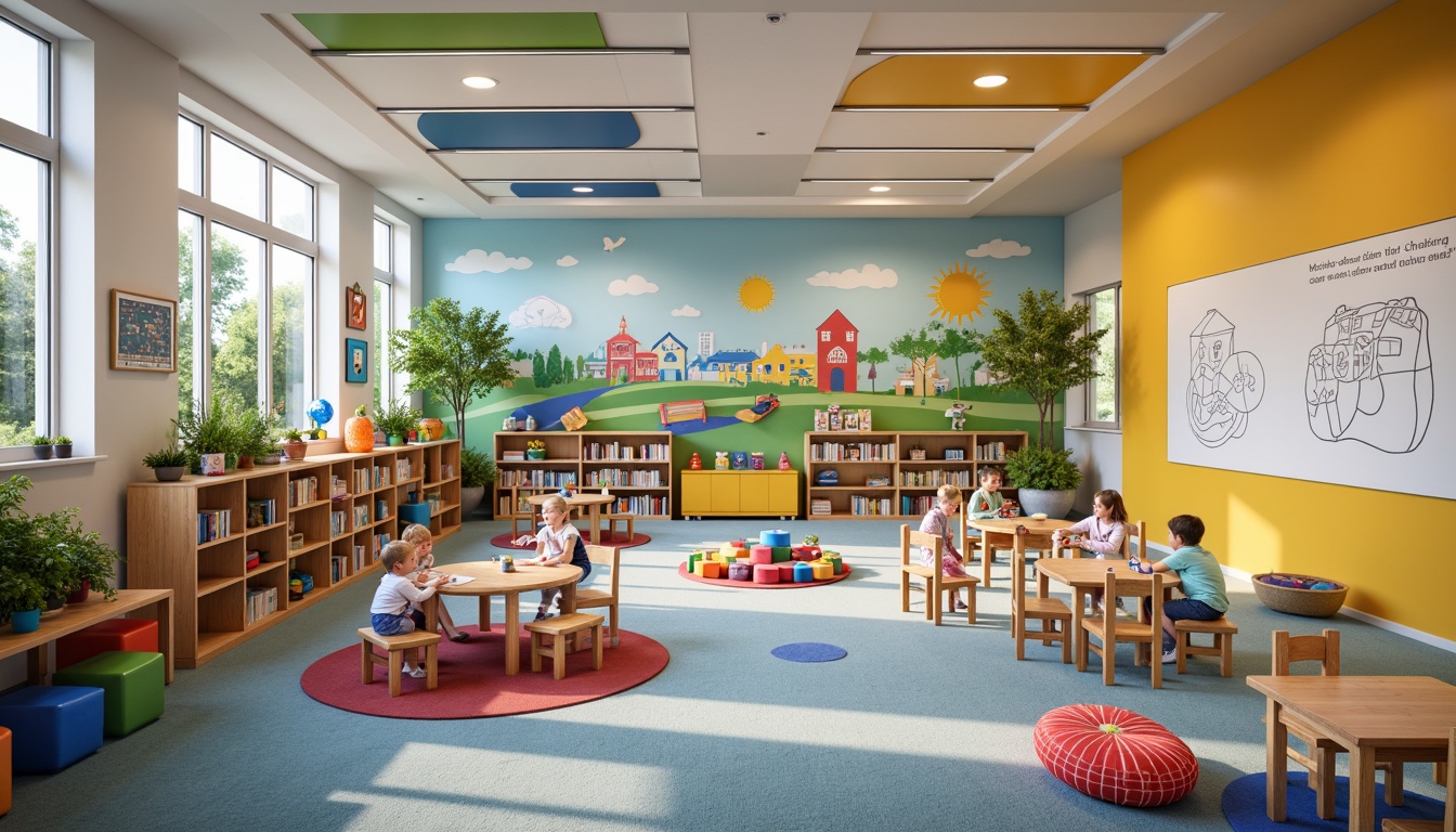 Prompt: Vibrant kindergarten, playful murals, colorful furniture, interactive whiteboards, educational toys, building blocks, sensory play areas, cozy reading nooks, collaborative learning zones, natural light-filled classrooms, flexible seating arrangements, modular shelving units, soft carpeted floors, gentle ambient lighting, shallow depth of field, 3/4 composition, panoramic view, realistic textures, ambient occlusion.