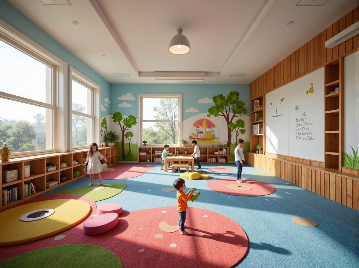 Prompt: Vibrant kindergarten, playful murals, colorful carpeted floors, educational toys, interactive whiteboards, cozy reading nooks, circular seating areas, collaborative workstations, natural wood accents, large windows, soft diffused lighting, warm pastel colors, gentle ambient sounds, shallow depth of field, 1/1 composition, panoramic view, realistic textures, ambient occlusion.