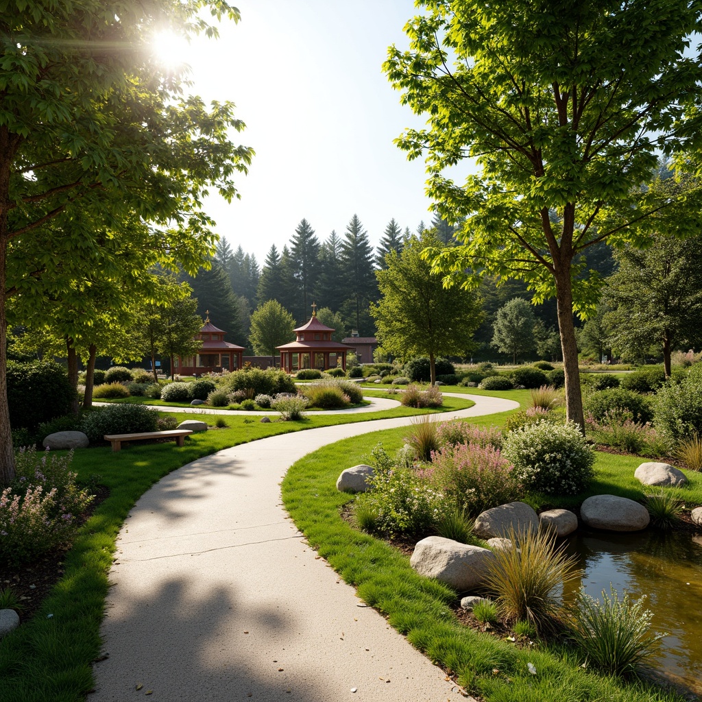 Prompt: Serenely curved pathways, lush green lawns, vibrantly colored flowers, soothing water features, natural stone benches, wooden gazebos, majestic trees, warm sunny day, soft gentle lighting, shallow depth of field, 3/4 composition, panoramic view, realistic textures, ambient occlusion, peaceful forest atmosphere, birds singing, subtle breeze, eco-friendly materials, sustainable landscape design, minimal waste management, recyclable planters, organic fertilizers, tranquil ambiance.