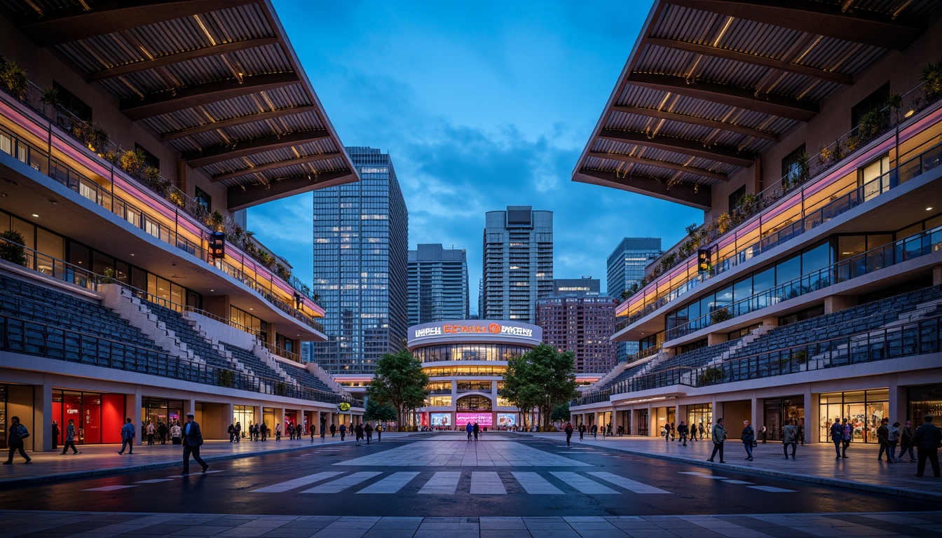 Prompt: Grandstand seating, cantilevered roofs, angular steel beams, exposed concrete structures, futuristic stadium architecture, dynamic curved lines, asymmetrical facades, bold geometric shapes, vibrant color schemes, neon lighting accents, urban cityscape backdrop, evening atmosphere, dramatic spotlighting, high-contrast shadows, 1/2 composition, low-angle shot, realistic metallic reflections, ambient occlusion.Note