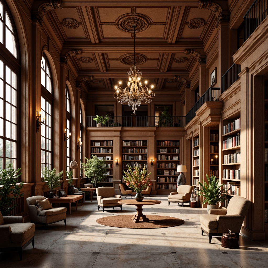 Prompt: \Elegant neoclassical library, rich wood tones, ornate details, high ceilings, grand chandeliers, classic columns, marble floors, leather-bound books, warm golden lighting, soft focus, shallow depth of field, 2/3 composition, realistic textures, ambient occlusion, earthy color palette, muted greens, terracotta reds, creamy whites, subtle gold accents, intricate moldings, ornate furniture, vintage bookshelves.\