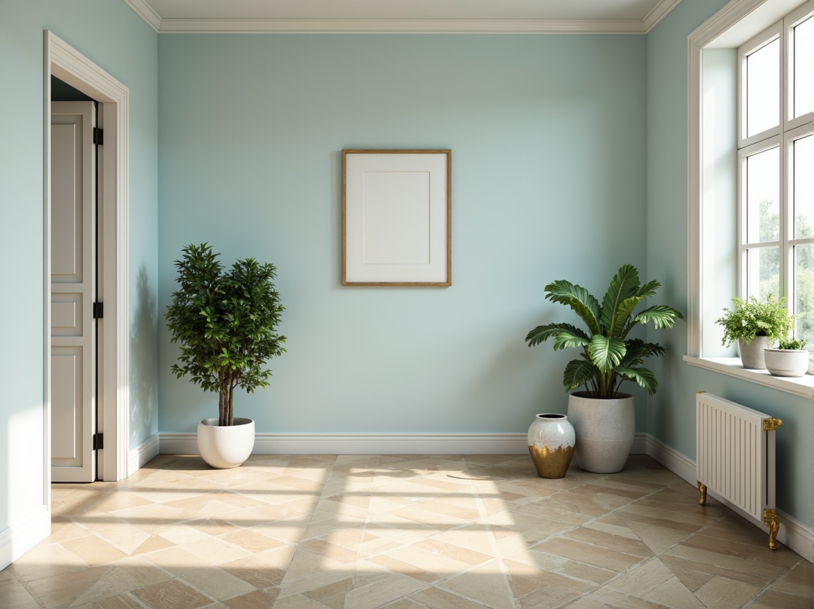 Prompt: Soft powder blue walls, creamy white trim, warm beige floors, elegant furniture legs, ornate golden frames, lush green plants, delicate porcelain vases, subtle texture overlays, natural light pouring in, airy atmosphere, shallow depth of field, 1/1 composition, realistic renderings, ambient occlusion.