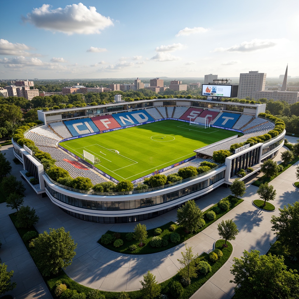 Prompt: Eco-friendly football stadium, lush green roofs, solar panels, wind turbines, rainwater harvesting systems, recycled building materials, natural ventilation systems, energy-efficient LED lighting, comfortable seating areas, modern amenities, VIP lounges, transparent glass facades, sleek curved lines, minimalist design, vibrant team colors, dynamic scoreboard displays, sunny day, soft warm lighting, shallow depth of field, 3/4 composition, panoramic view, realistic textures, ambient occlusion.