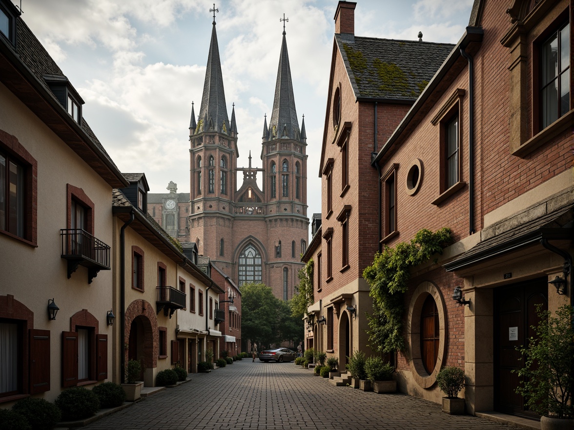 Prompt: Ornate Gothic spires, grand stone facades, intricately carved wooden doors, stained glass windows, rustic brick walls, curved iron balconies, ornamental clock towers, delicate stone statues, ivy-covered walls, moss-filled roofs, soft warm lighting, shallow depth of field, 1/1 composition, close-up shot, realistic textures, ambient occlusion, vintage color palette, earthy tones.