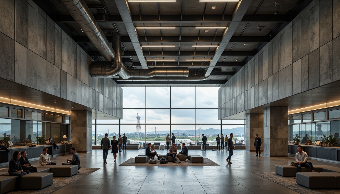 Prompt: Rough concrete walls, exposed ductwork, industrial metal beams, brutalist architecture, airport terminals, bustling crowds, fluorescent lighting, polished steel floors, distressed wood accents, natural stone columns, minimalist seating areas, urban landscape views, cloudy skies, dramatic shadows, high-contrast lighting, 1/1 composition, symmetrical framing, gritty textures, ambient occlusion.